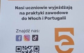 Pierwsza strona ulotki prezentującej kierunki kształcenia w ZS nr 5 w Ełku. Na ulotce widoczny kod qr i logo szkoły.