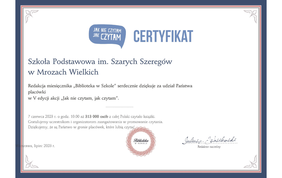 Zdjęcie do Certyfikat za udział w akcji "Jak nie czytam, jak czytam"