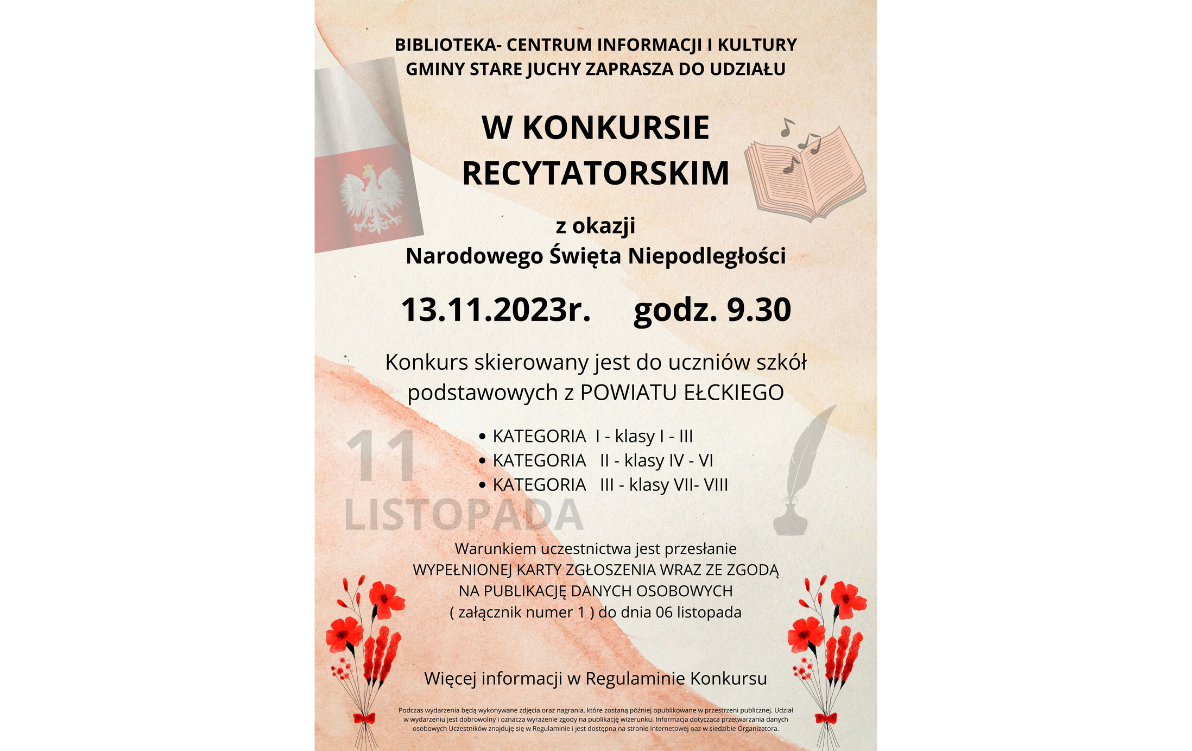 Zdjęcie do Zaproszenie do udziału w konkursie recytatorskim z okazji Święta Niepodległości