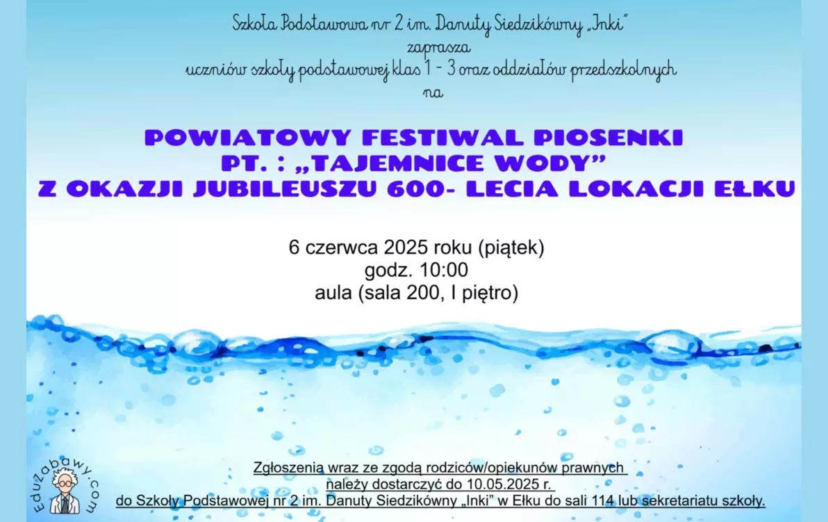 Zdjęcie do Zaproszenie do udziału w Powiatowym Festiwalu Piosenki pt. "Tajemnice wody"