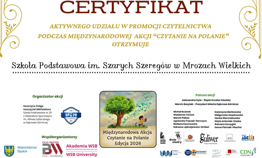 Zdjęcie do Certyfikat za udział w akcji "Czytanie na polanie"