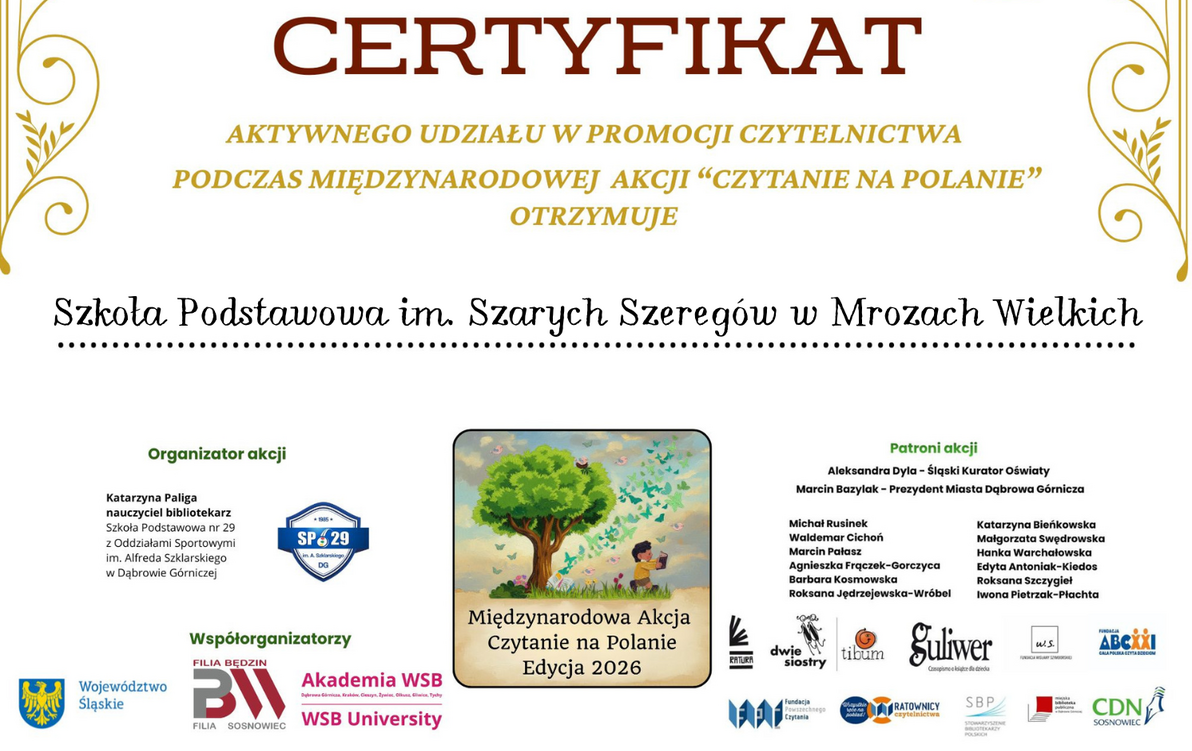 Zdjęcie do Certyfikat za udział w akcji "Czytanie na polanie"